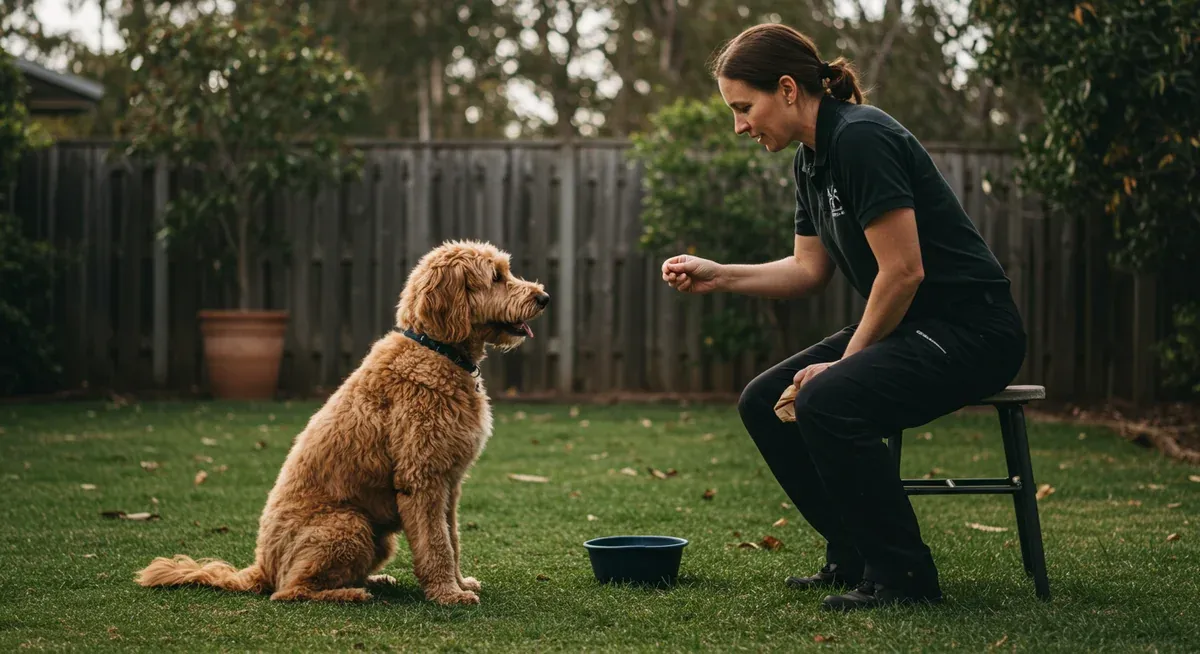 A professional dog trainer using positive reinforcement methods with a Goldendoodle in a backyard setting, demonstrating the effective training approaches for managing aggressive behaviors