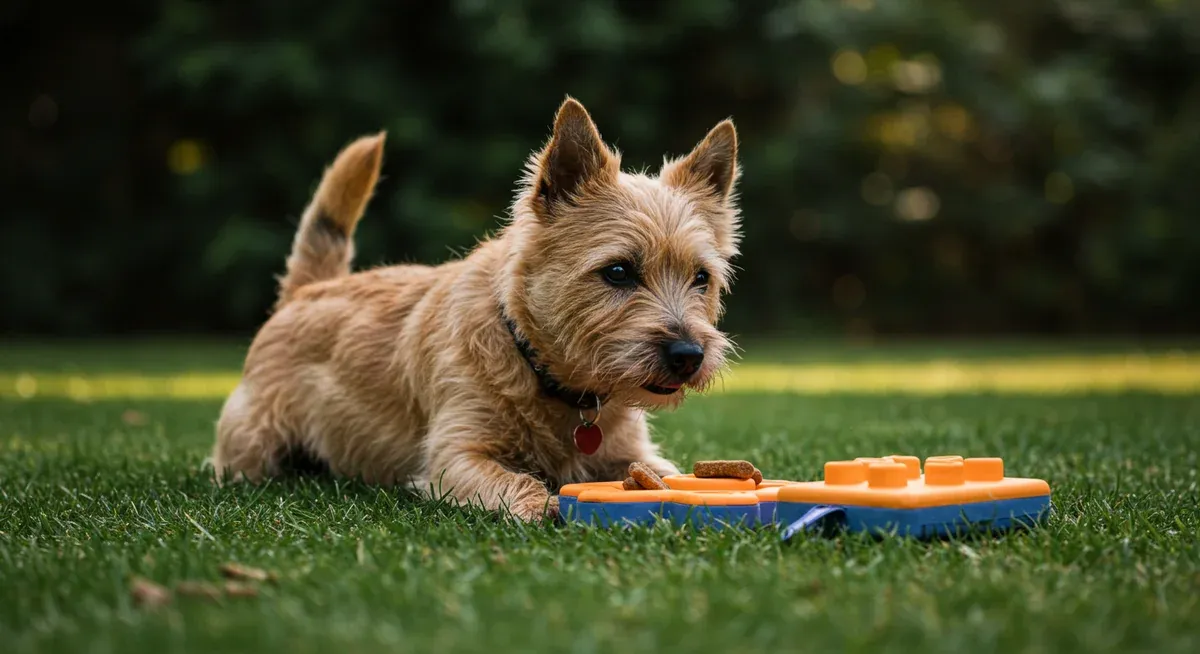 A Cairn Terrier participating in training with puzzle toys, illustrating positive reinforcement methods and mental stimulation needs