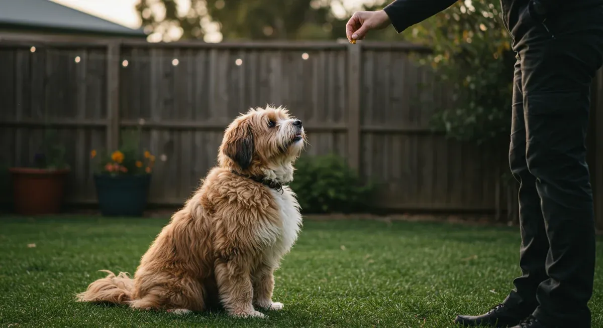 A Tibetan Terrier attentively focused on their trainer during a positive reinforcement training session, illustrating the breed's intelligence and need for consistent, gentle training approaches