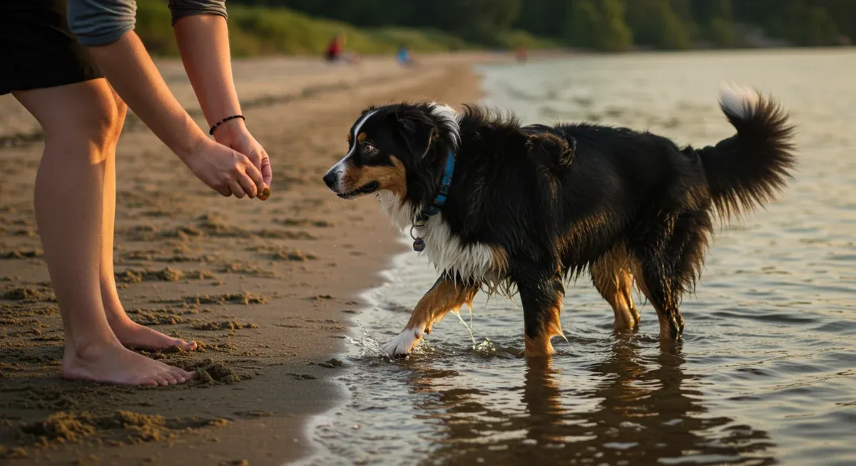 Australian Shepherd cautiously entering shallow water during training, with owner providing positive reinforcement and guidance