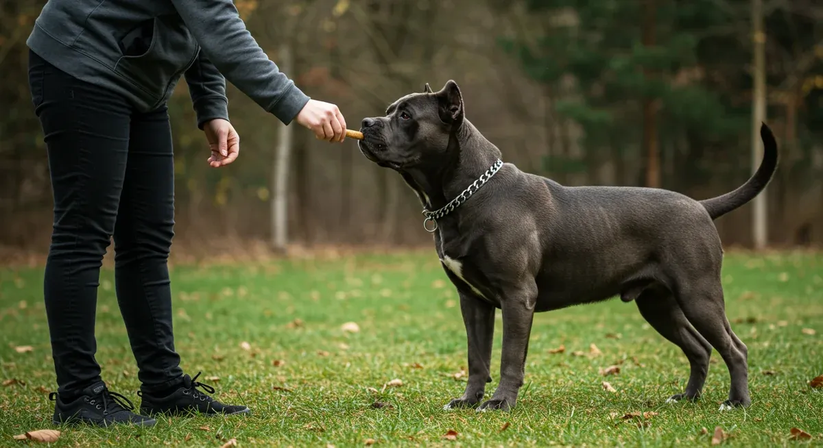 A Cane Corso participating in positive reinforcement training with their owner, demonstrating effective training methods for the breed