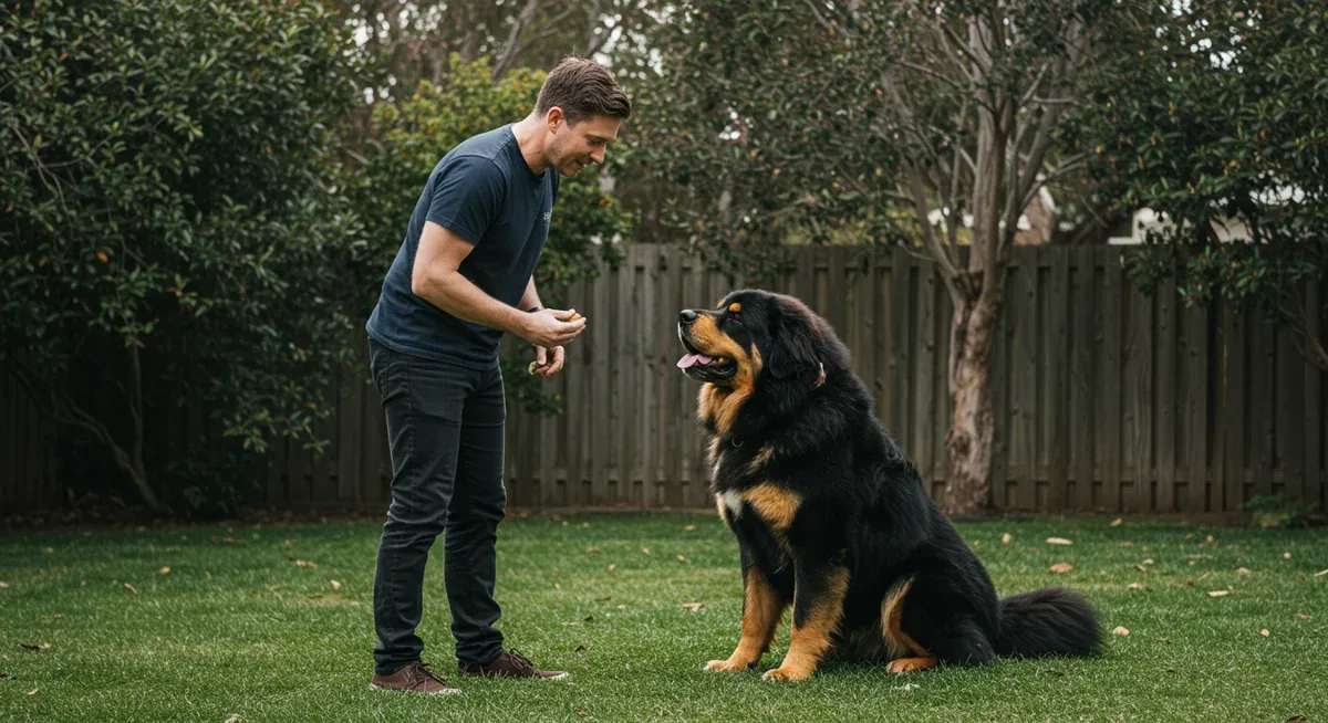 A professional dog trainer using positive reinforcement techniques with a Tibetan Mastiff, illustrating the effective training methods discussed for managing this strong-willed breed's protective behaviors