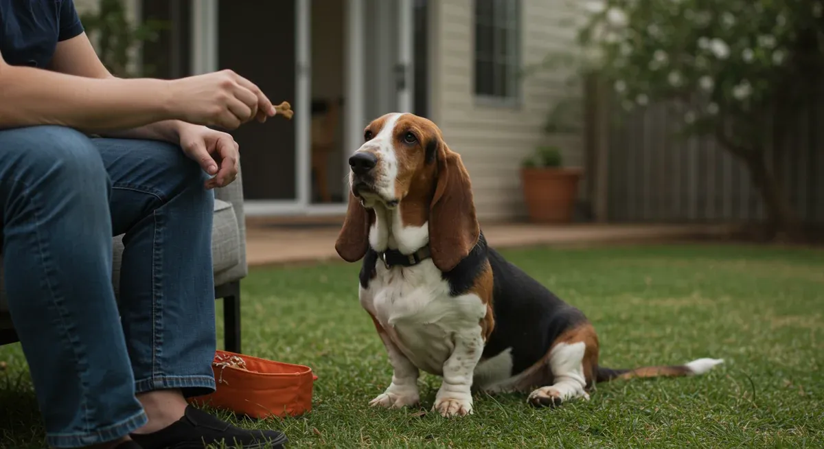 A Basset Hound engaged in positive reinforcement training, demonstrating the calm, attentive behavior achieved through consistent quiet command training techniques