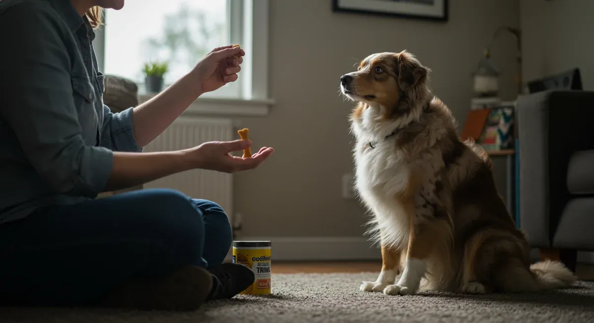 Australian Shepherd focused on owner during positive reinforcement training session with treats, illustrating effective training techniques for managing barking behavior