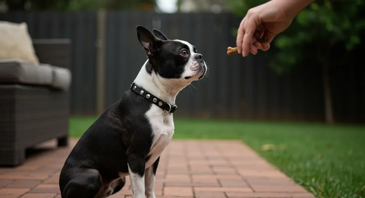 Boston Terrier in training session showing attentive behavior while learning commands, illustrating positive reinforcement techniques for managing barking behavior