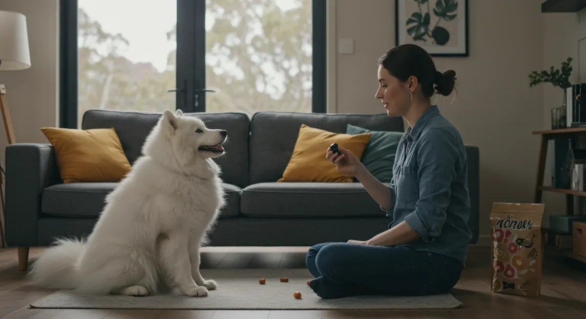 A person training their Samoyed using positive reinforcement methods with treats and a clicker, showing the calm, focused training environment that helps manage barking behavior