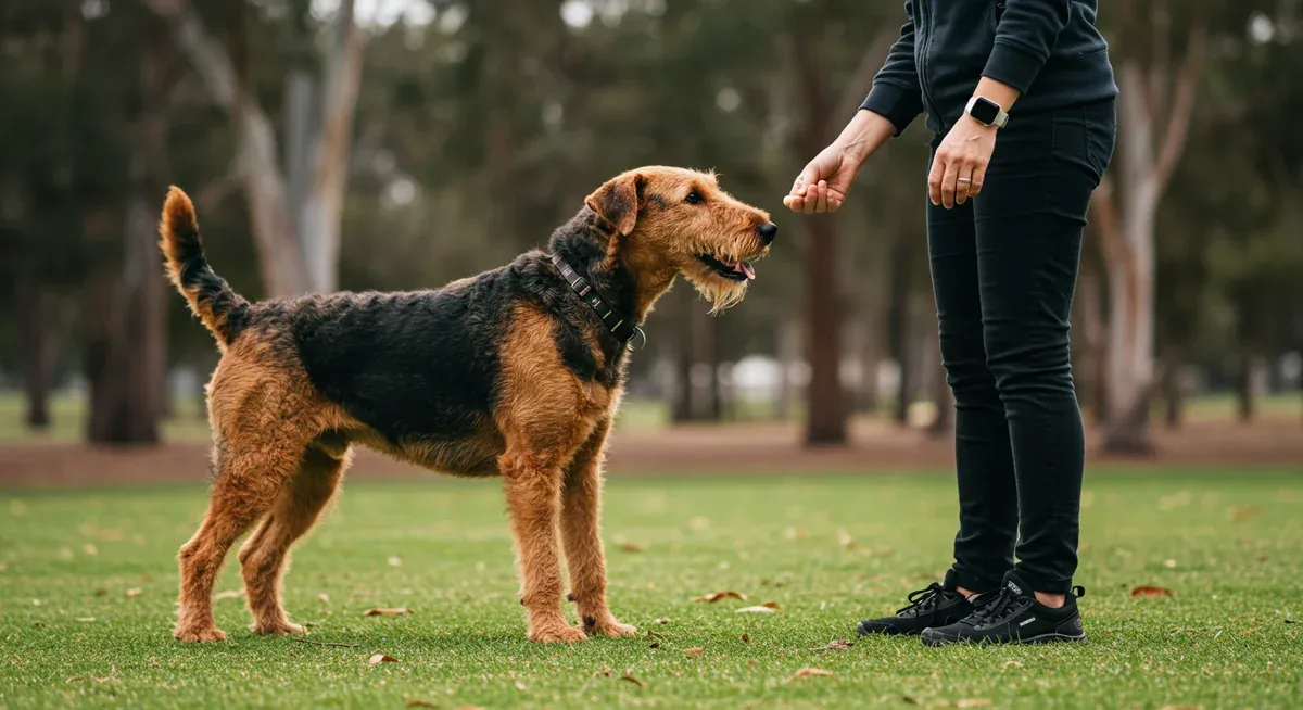 Airedale Terrier participating in positive reinforcement training with owner, demonstrating the effective training techniques that work best for this breed's temperament