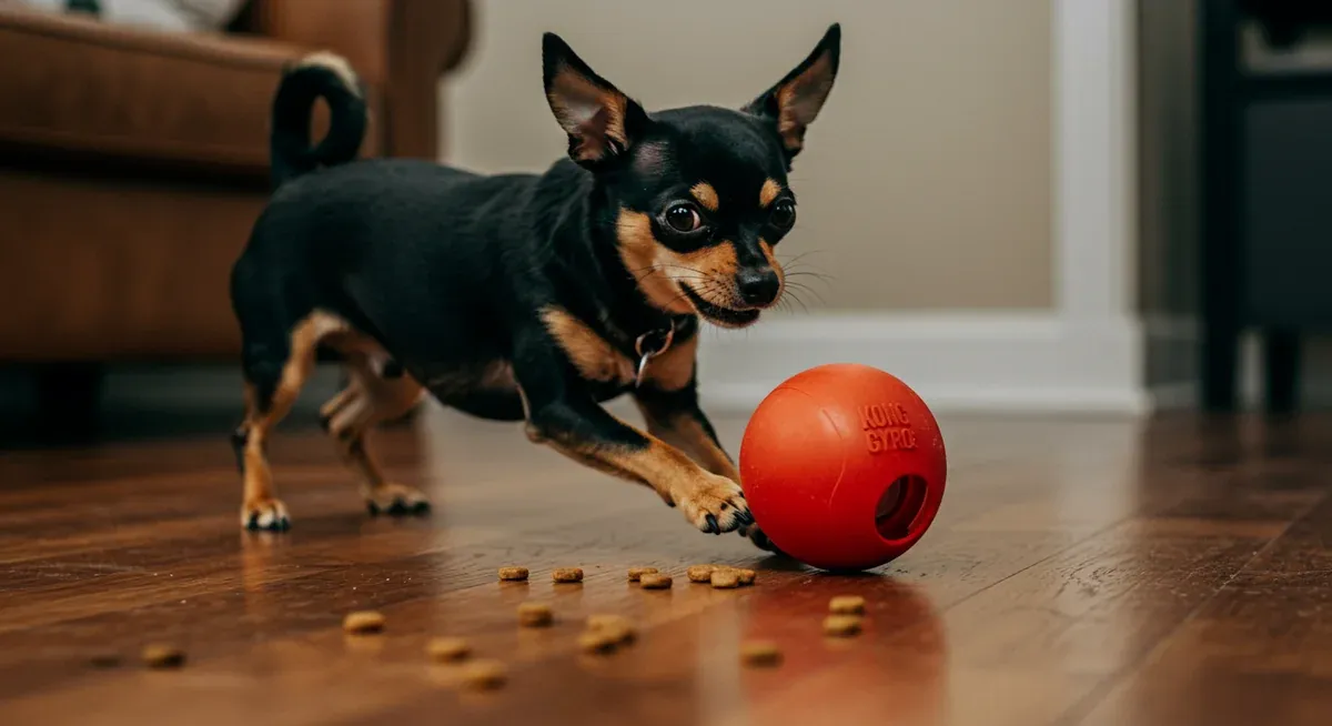 A Chihuahua actively pushing a treat-dispensing ball toy with kibble scattered on the floor, showing how the toy releases food rewards during play