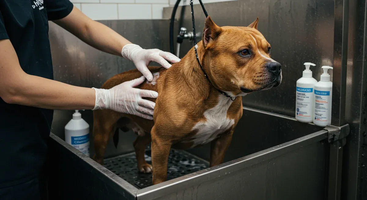 American Bully receiving professional medicated bath treatment with therapeutic shampoo being applied to treat skin conditions in clinical setting