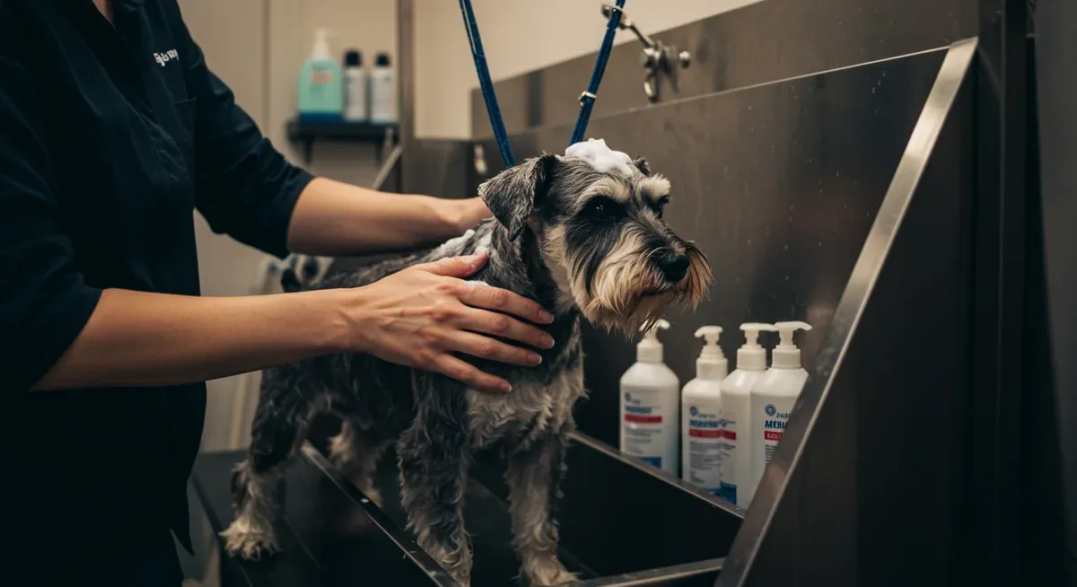 A Miniature Schnauzer receiving a therapeutic medicated bath treatment from a professional groomer, showing proper application of specialized shampoos for skin condition management