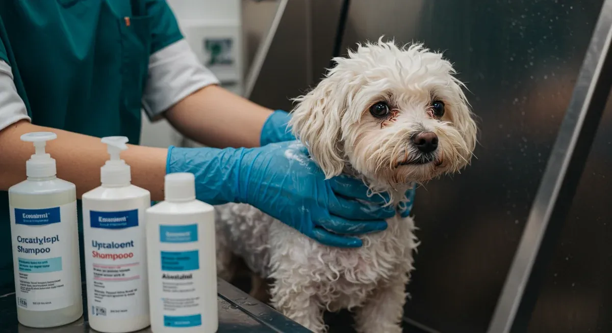 A Bichon Frise receiving a therapeutic bath with hypoallergenic shampoo as part of allergy treatment, showing proper skin care management