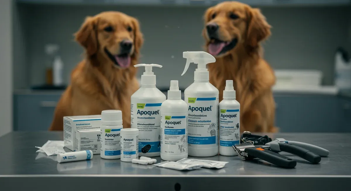 Veterinary treatment supplies including medications, topical treatments, and grooming tools arranged on examination table, showing comprehensive treatment options for Golden Retriever skin conditions