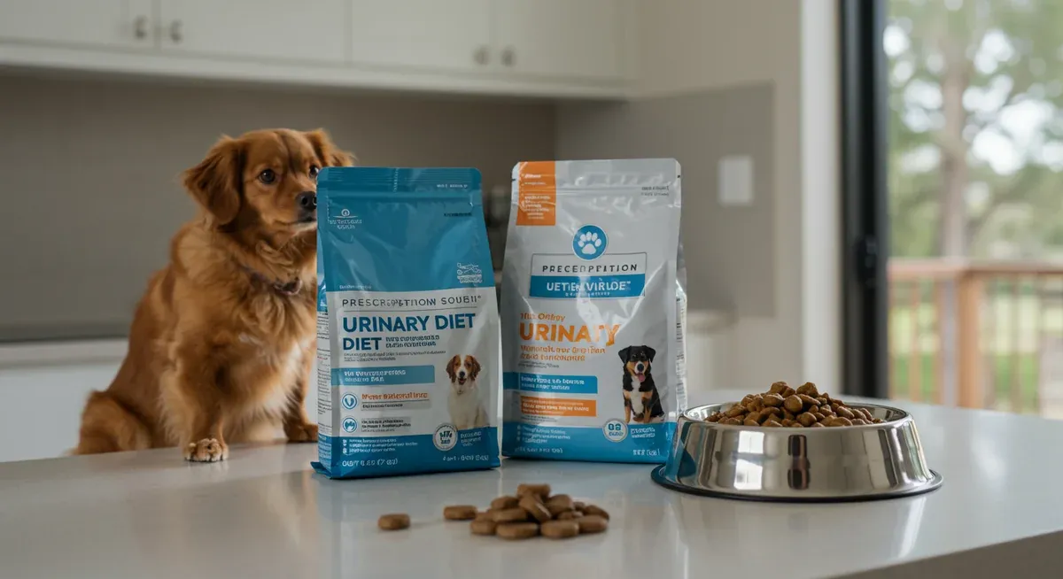 Prescription urinary diet dog food and water bowls representing the dietary treatment approach for Dalmatian urinary stones