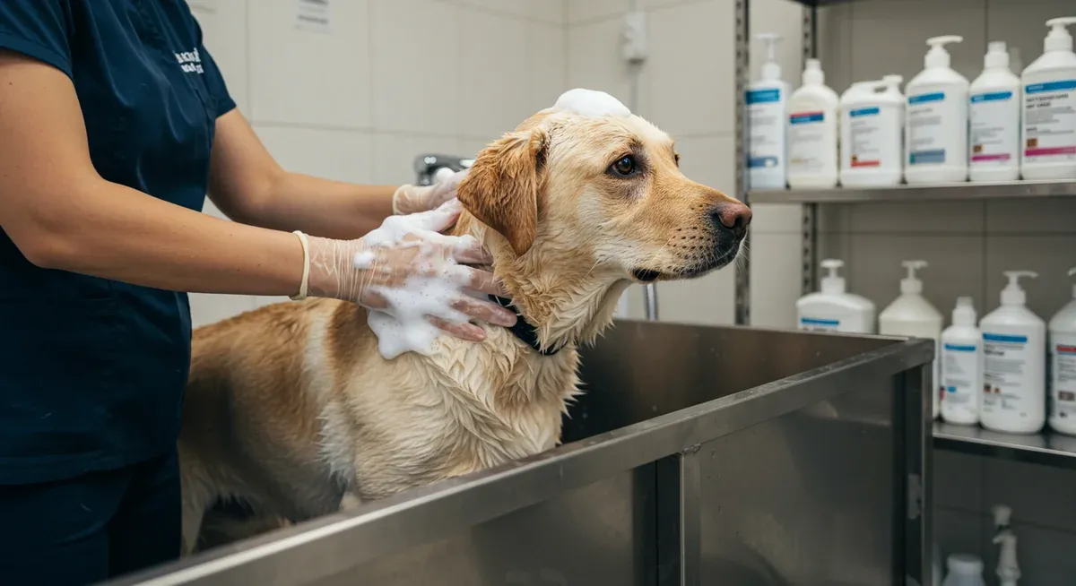 Labrador receiving therapeutic bath treatment with hypoallergenic shampoo at veterinary clinic