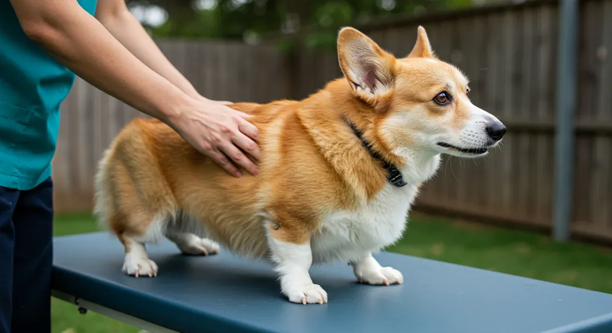 A senior Pembroke Welsh Corgi receiving physical therapy assistance for degenerative myelopathy, showing how professional rehabilitation can help manage this progressive neurological condition