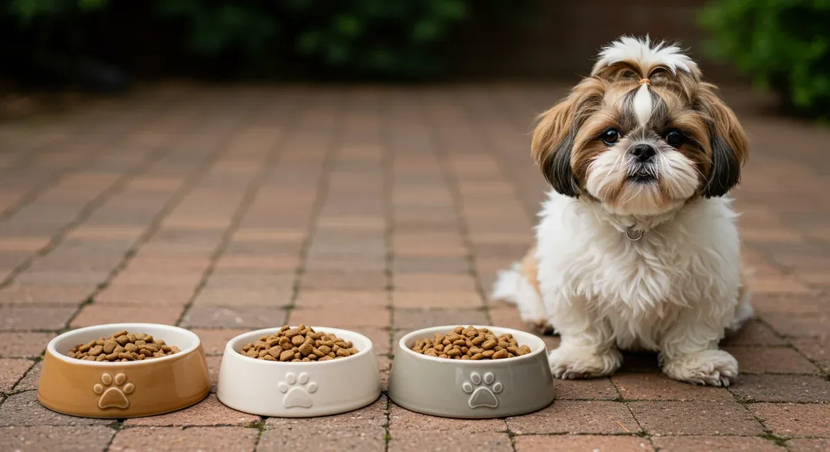 Three small portion meals in bowls with a Shih Tzu nearby, demonstrating the proper feeding schedule and portion sizes for small breed dogs with fast metabolisms