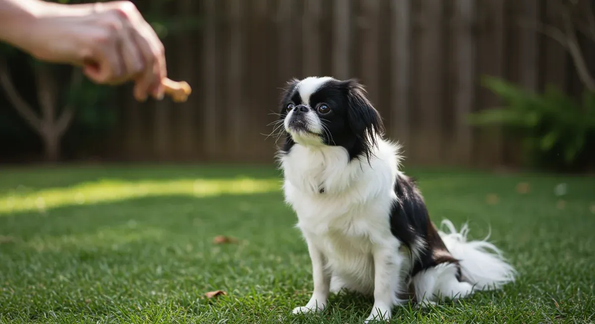 A Japanese Chin during training showing selective attention, looking away from their owner who is holding a treat, illustrating their independent and sometimes stubborn nature