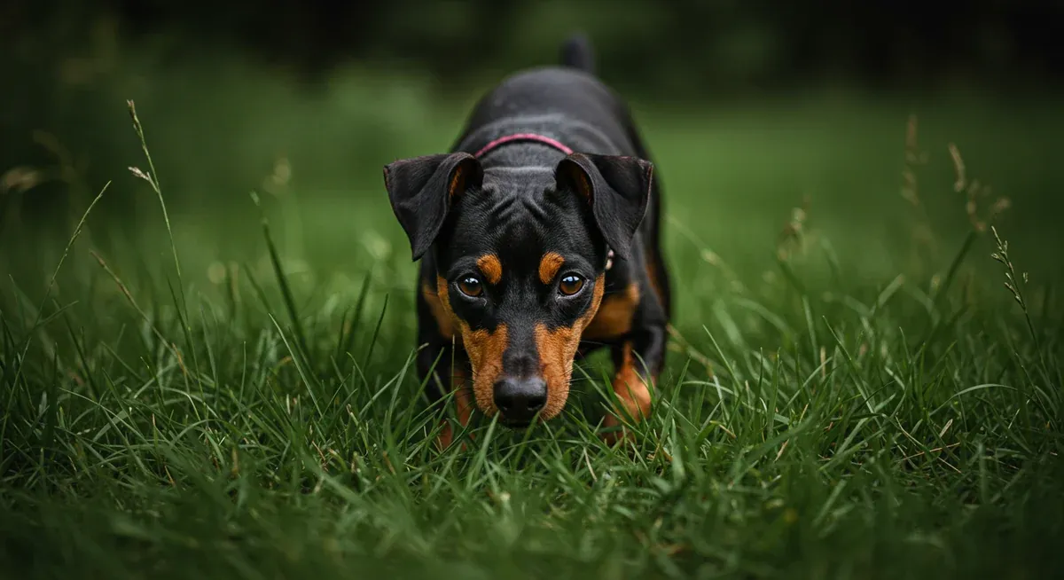 Manchester Terrier displaying focused hunting behavior with alert posture in grass, demonstrating the strong prey drive instincts described in the article