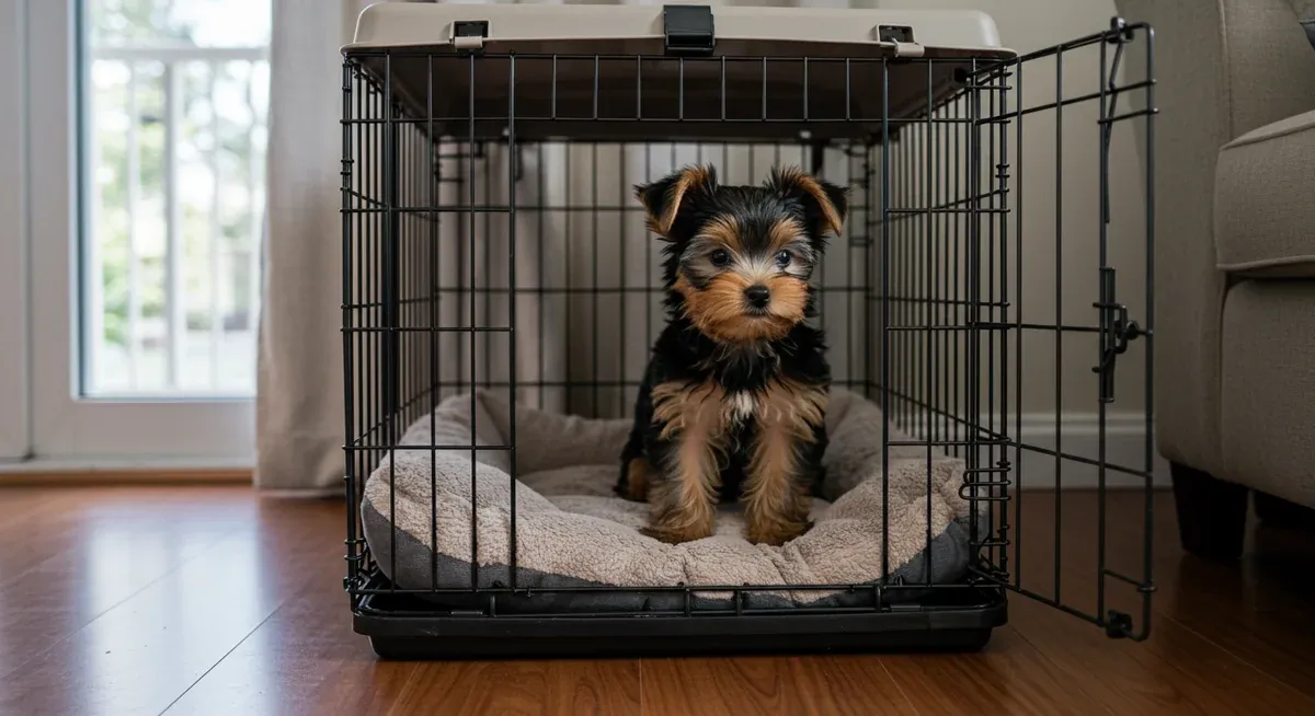 Yorkshire Terrier puppy comfortably positioned in an appropriately-sized training crate, demonstrating proper crate dimensions for effective housetraining of small breed dogs