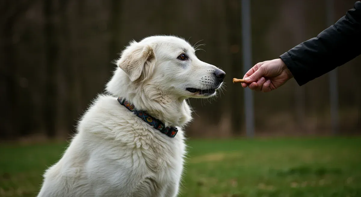 A Maremma receiving a high-value treat during training, demonstrating effective positive reinforcement techniques for this independent breed