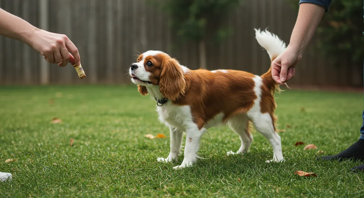 Cavalier King Charles Spaniel puppy receiving immediate praise and treat reward outdoors, demonstrating effective positive reinforcement timing for house training success