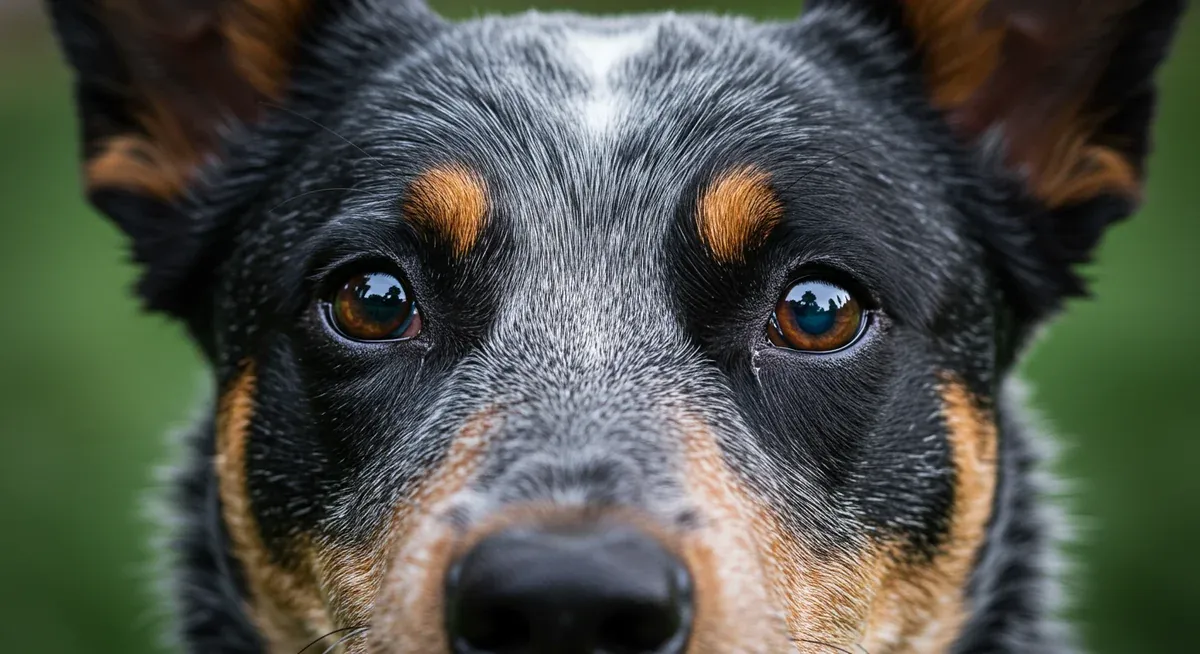 Close-up of a Blue Heeler's eyes showing signs of progressive retinal atrophy, illustrating the vision problems that can affect this breed