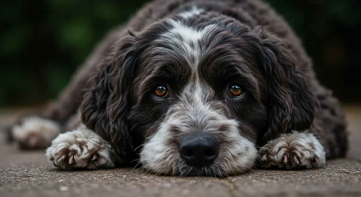 Close-up of a Portuguese Water Dog showing subtle signs of illness or fatigue, illustrating the importance of recognizing health warning signs