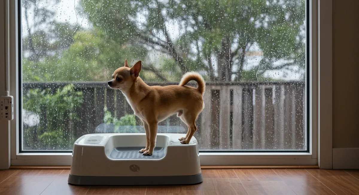 Small Chihuahua using an indoor potty alternative while cold weather is visible outside, showing practical solutions for weather-sensitive toy breeds