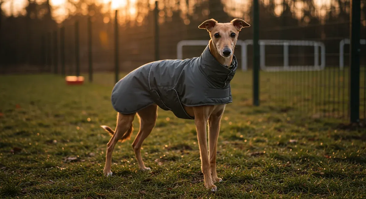 A fawn Greyhound wearing a protective winter coat in a high-fenced exercise area, showing the weather protection and secure environment needs discussed for safe Greyhound exercise