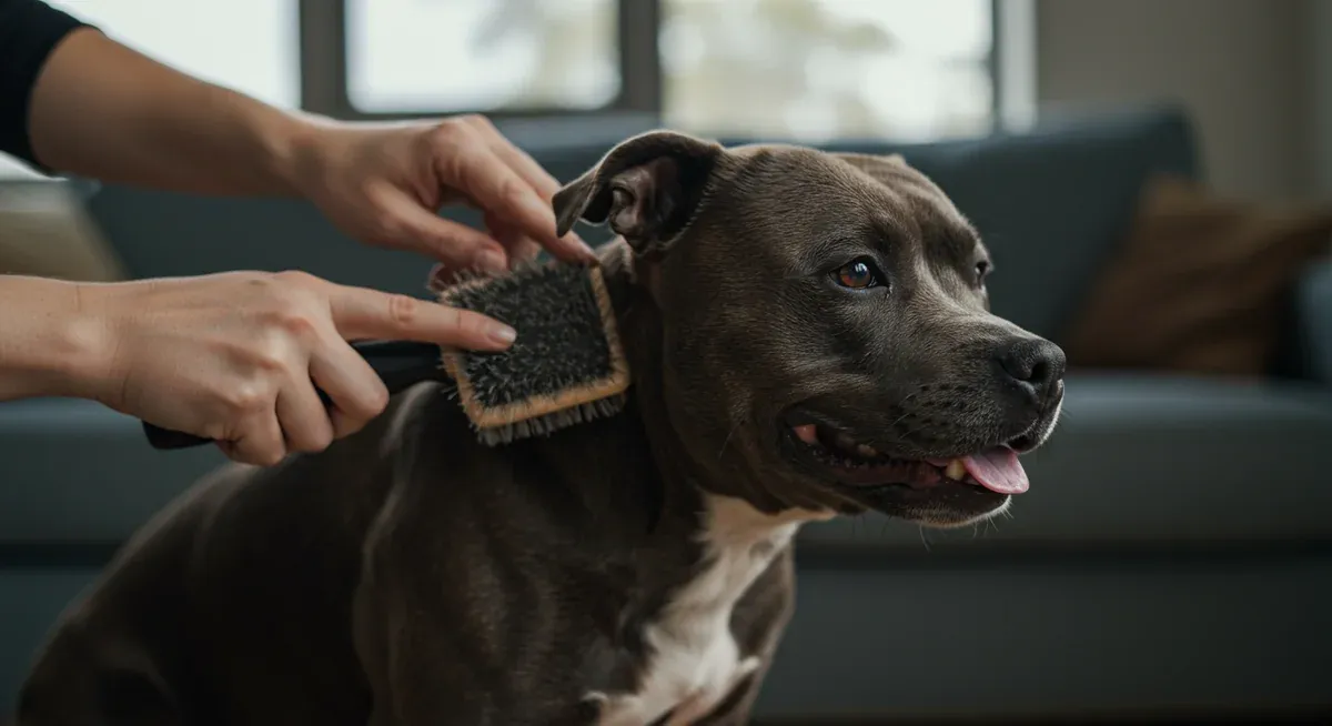 Owner gently brushing their Staffordshire Bull Terrier with a soft brush, showing proper weekly grooming technique with the dog appearing comfortable and relaxed