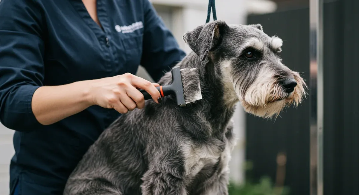 Professional groomer demonstrating correct weekly brushing technique on Giant Schnauzer, showing focus on common mat-prone areas like behind ears and armpits