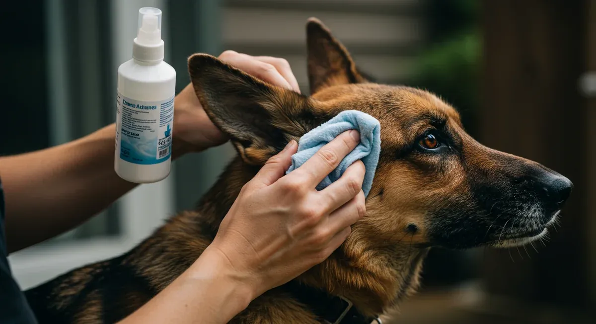 Demonstration of proper ear cleaning technique on a German Shepherd using veterinary-approved solution and cotton cloth as part of weekly maintenance routine