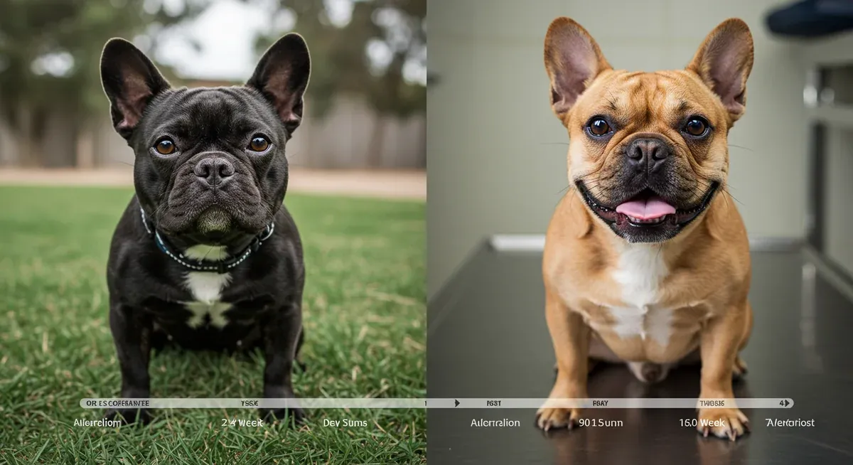Split composition showing French Bulldog's transformation from digestive discomfort to healthy vitality over 2-4 weeks of probiotic treatment