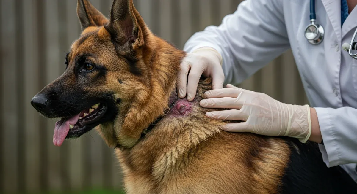 Veterinary examination of a German Shepherd showing an active hot spot with visible inflammation and moisture, demonstrating the urgent nature of this skin condition