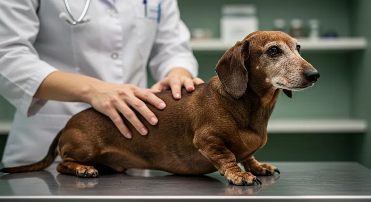 A senior Dachshund being examined by a veterinarian, representing dogs that are particularly vulnerable to raw diet risks due to age and health conditions