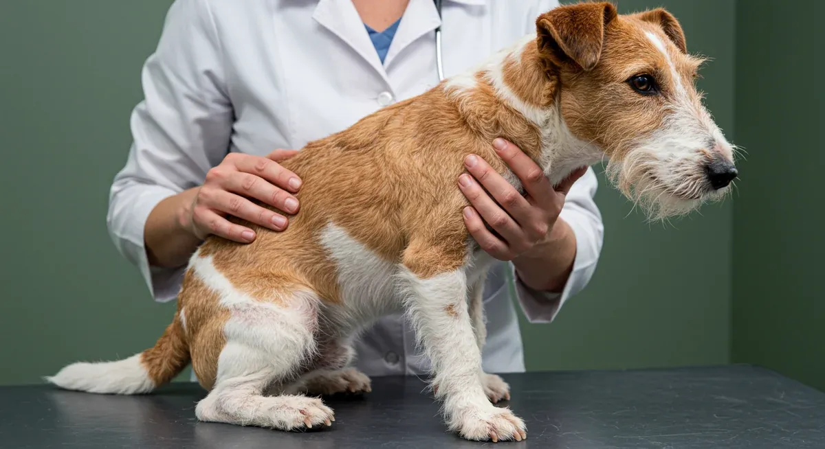 Fox Terrier being examined by a veterinarian for concerning hair loss and skin issues that indicate potential health problems