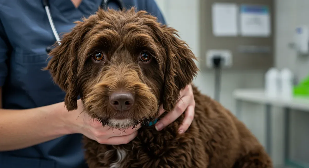 A Labradoodle showing signs of abnormal shedding and skin irritation being examined by a veterinarian, illustrating when shedding indicates health issues