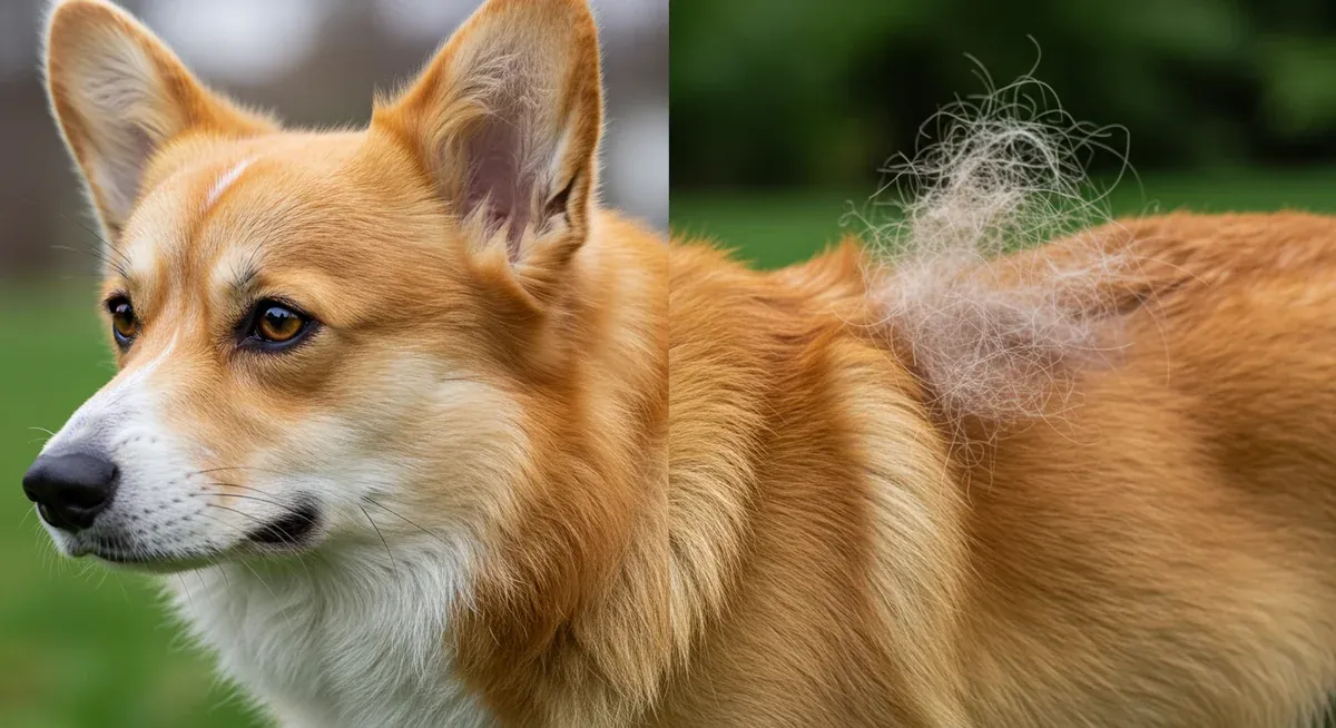 Side-by-side comparison of healthy versus unhealthy Pembroke Welsh Corgi coat condition, showing the difference between normal shedding and problematic hair loss