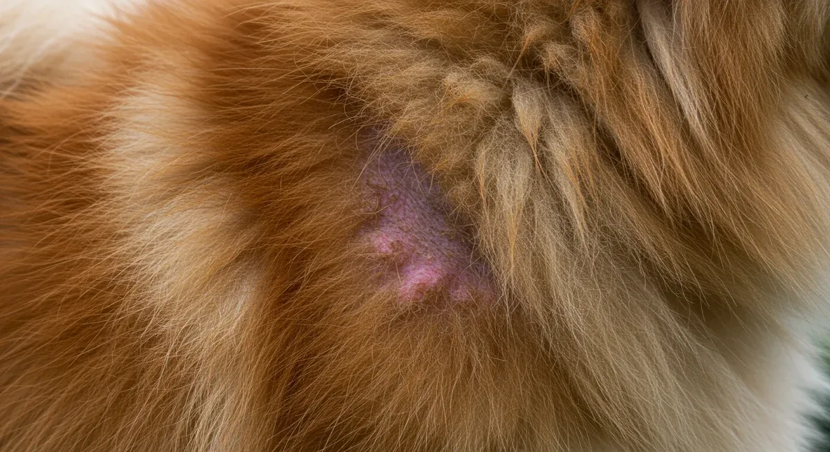 Close-up of a Pomeranian's coat showing patchy fur loss and skin irritation that indicates health concerns requiring veterinary attention