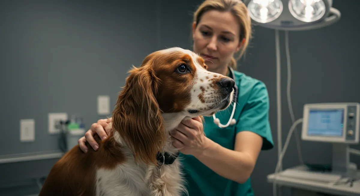 Field Spaniel receiving a veterinary examination to check for health issues that might cause behavioral changes