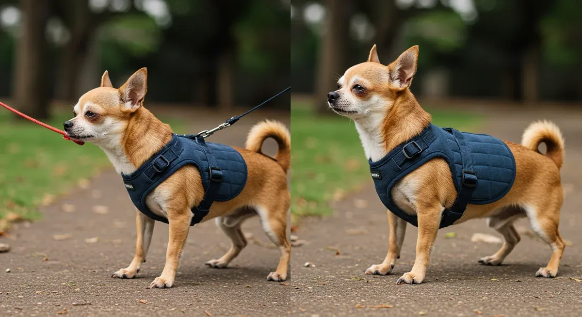 Side-by-side comparison of a Chihuahua wearing a collar versus a chest harness, demonstrating how proper equipment reduces pressure on the trachea