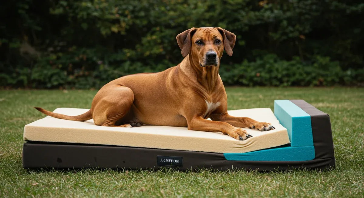 A mature Rhodesian Ridgeback resting on an orthopedic memory foam bed with a cross-section view showing the supportive foam layers, illustrating the importance of joint support for large breed dogs