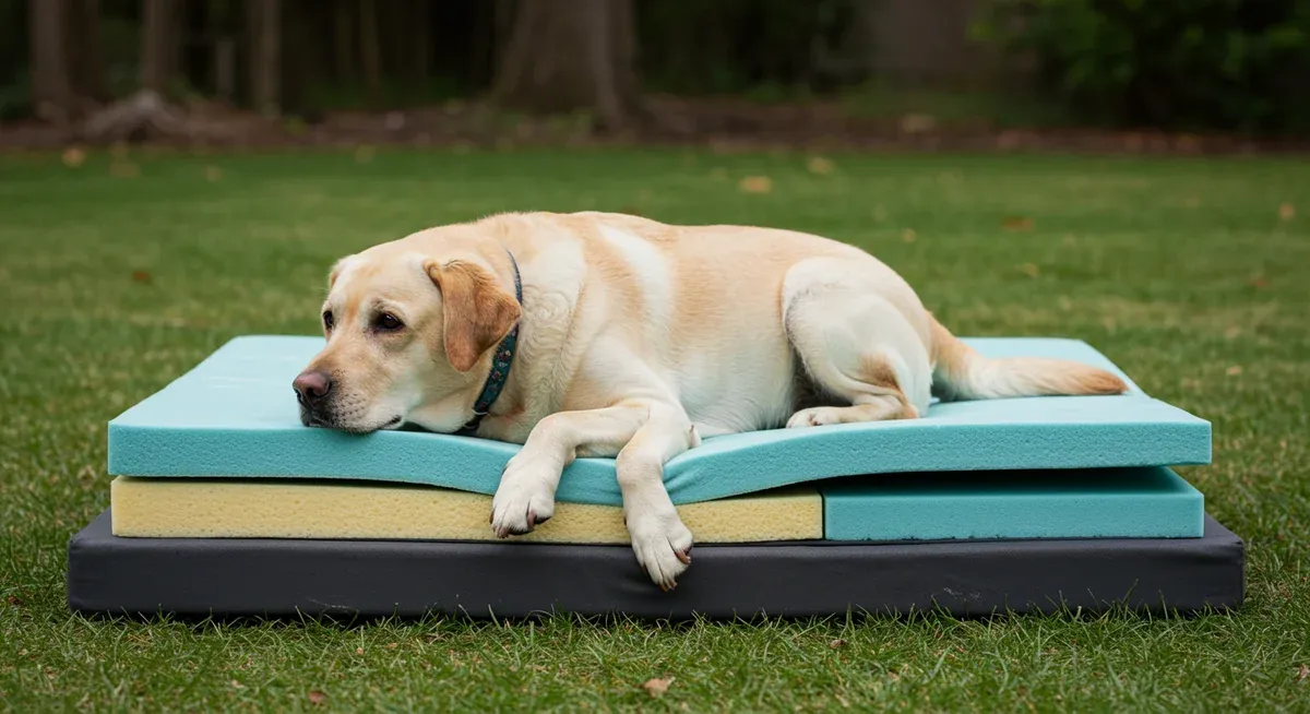 Senior yellow Labrador resting on an orthopedic memory foam bed with visible foam layers, showing how proper support helps with joint health and comfort