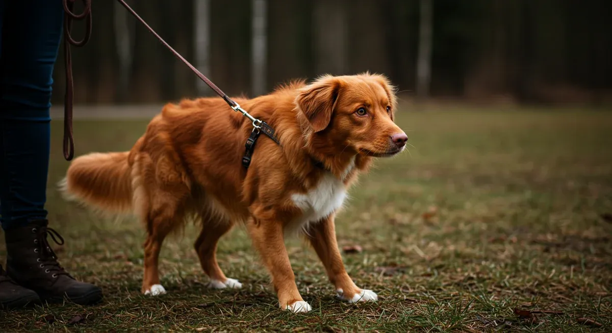 Nova Scotia Duck Tolling Retriever on leash showing alert, focused body language demonstrating the breed's strong prey drive and need for controlled training