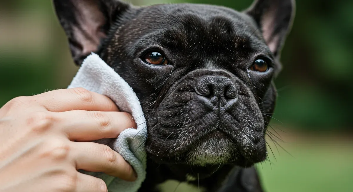 Close-up view of French Bulldog facial wrinkles being cleaned with specialized wipes, showing proper wrinkle maintenance technique