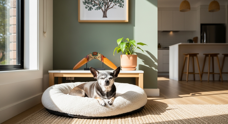 Senior Chihuahua resting peacefully on a dog bed, showing healthy ageing in older Chihuahuas