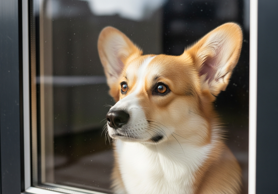 Pembroke Welsh Corgi looking out through a glass door, showing alert anxious expression, common sign of Corgi separation anxiety