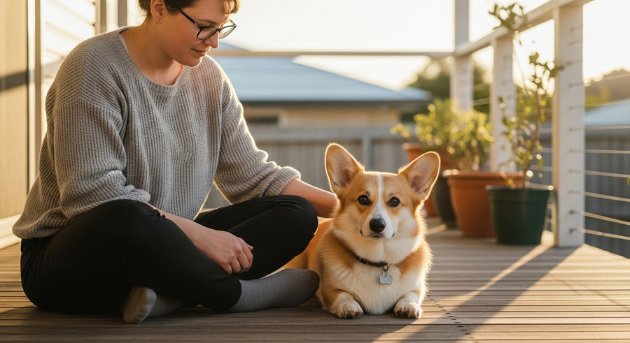 Owner sitting with a relaxed Pembroke Welsh Corgi on an Australian verandah, illustrating daily calm routine and owner bond