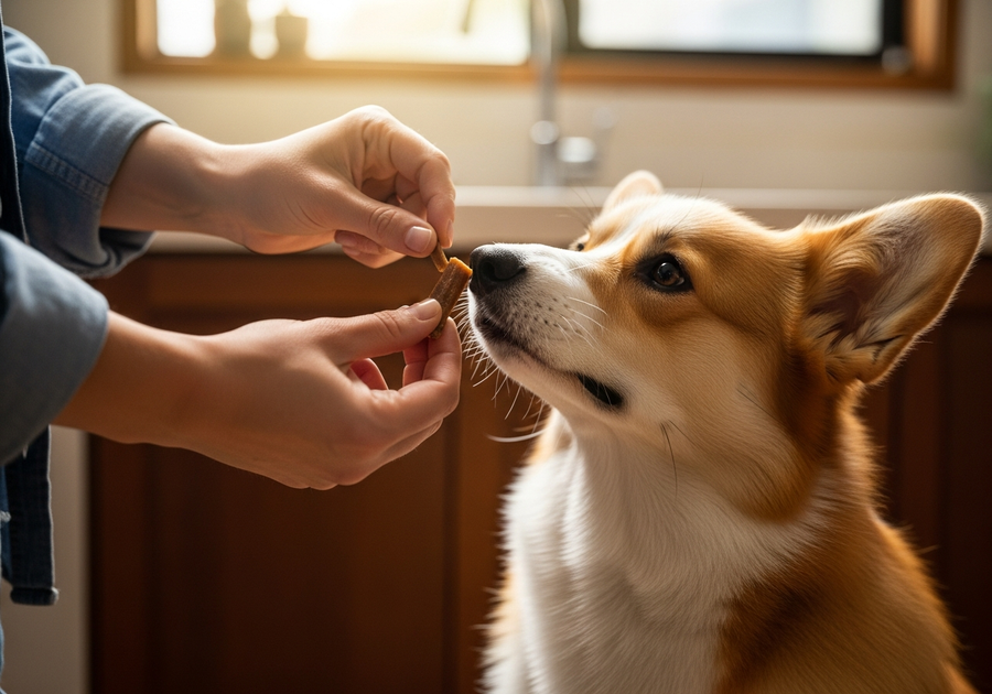Owner offering a probiotic chew supplement to an eager Pembroke Welsh Corgi, showing easy daily gut health supplementation