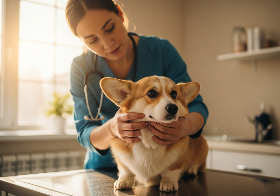 Owner checking a Pembroke Welsh Corgi at the vet, showing the importance of regular health screening for the breed